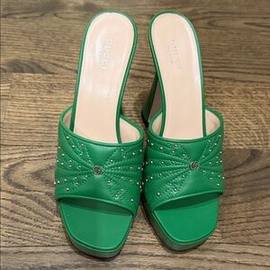 Gucci Green Leather Studded Slide Mules